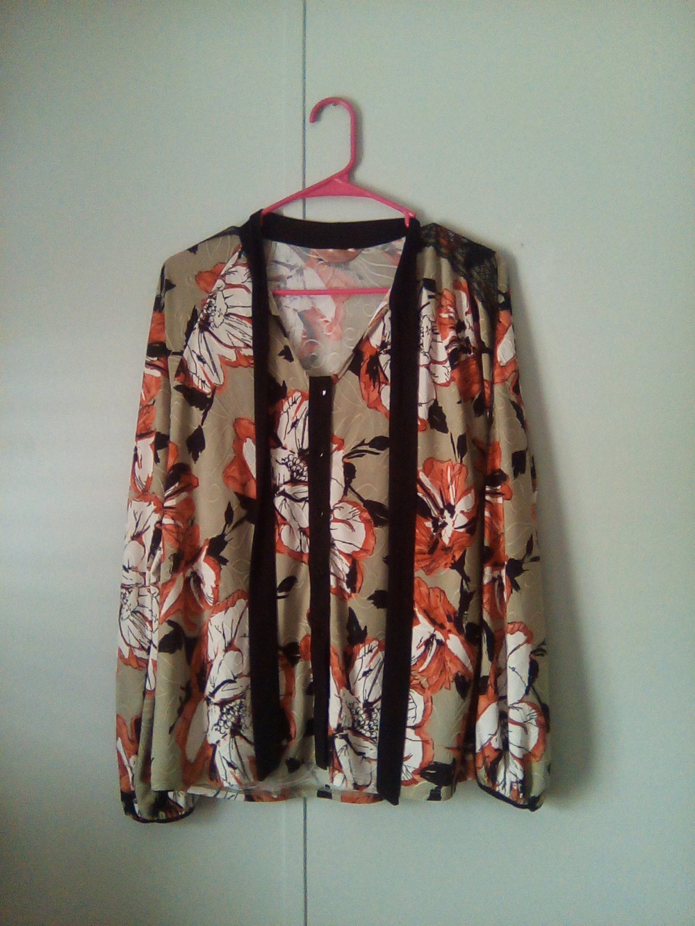 Amana Floral Kimono Cardigan in Beige, Rust and Black Trim